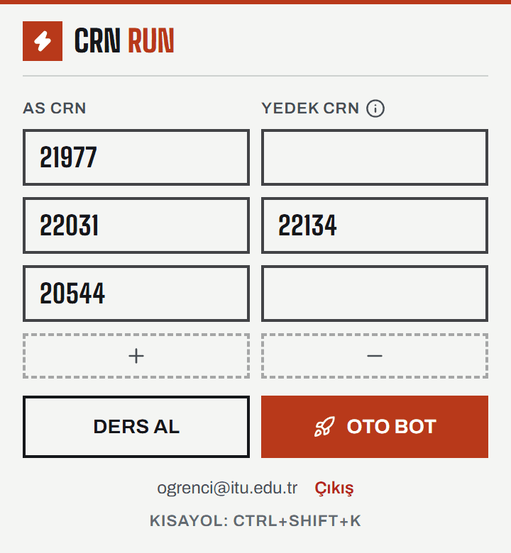 CRN RUN eklentisinin popup'ı: CRN satırları, DERS AL ve OTO BOT butonları.